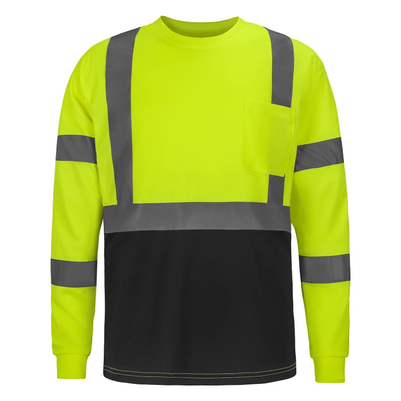 DPSAFETY High Visibility Class 3 T Shirts,Hi Vis Safety Shirts with Reflective Strips and Pocket, Long Sleeve Quick Dry Mesh Construction Work Shirt for Men/Women Black Bottom Lime,Small - Image 1
